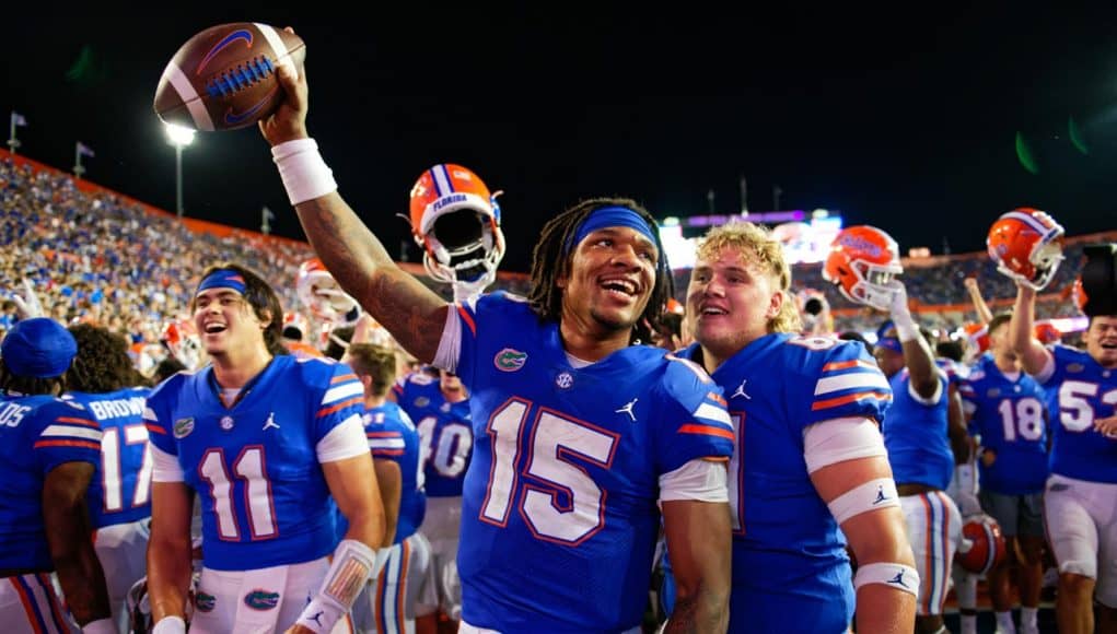 Florida Gators quarterback Anthony Richardson celebrates a win over Utah-1280x853