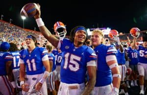 Florida Gators quarterback Anthony Richardson celebrates a win over Utah-1280x853