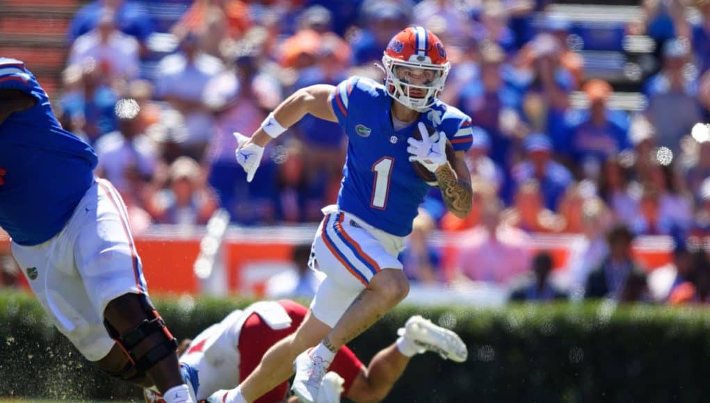 Florida Gators receiver Ricky Pearsall scores against Eastern Washington- GatorCountry photo taken by David Bowie