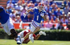 Florida Gators receiver Ricky Pearsall scores against Eastern Washington- GatorCountry photo taken by David Bowie