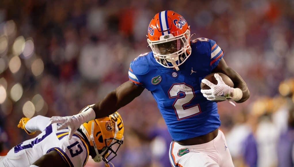 Florida Gators running back Montrell Johnson Jr scores against LSU- 1280x853