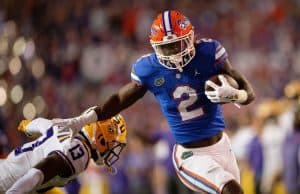 Florida Gators running back Montrell Johnson Jr scores against LSU- 1280x853