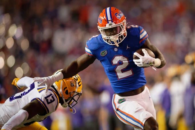 Florida Gators running back Montrell Johnson Jr scores against LSU- 1280x853