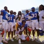 Florida Gators players celebrate with their old teammate, Mizzou Tigers linebacker Ty'Ron Hopper #8, after the Gators win over the Tigers on October 6th, 2022. (Gator Country/Sammy Harrison)- 1280x936