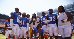 Florida Gators players celebrate with their old teammate, Mizzou Tigers linebacker Ty'Ron Hopper #8, after the Gators win over the Tigers on October 6th, 2022. (Gator Country/Sammy Harrison)- 1280x936