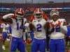 Florida linebacker Amari Burney #2 celebrates his interception with teammates during the second half of the Gators' loss to the Bulldogs on October 29th, 2022 at TIAA Bank Stadium in Jacksonville, Florida. (Gator Country//Sammy Harrison)- 1280x908
