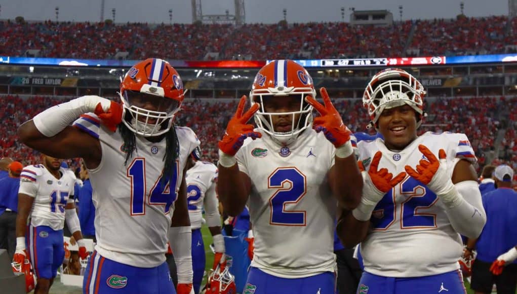 Florida linebacker Amari Burney #2 celebrates his interception with teammates during the second half of the Gators' loss to the Bulldogs on October 29th, 2022 at TIAA Bank Stadium in Jacksonville, Florida. (Gator Country//Sammy Harrison)- 1280x908
