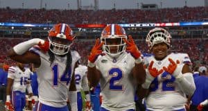 Florida linebacker Amari Burney #2 celebrates his interception with teammates during the second half of the Gators' loss to the Bulldogs on October 29th, 2022 at TIAA Bank Stadium in Jacksonville, Florida. (Gator Country//Sammy Harrison)- 1280x908