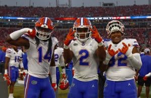 Florida linebacker Amari Burney #2 celebrates his interception with teammates during the second half of the Gators' loss to the Bulldogs on October 29th, 2022 at TIAA Bank Stadium in Jacksonville, Florida. (Gator Country//Sammy Harrison)- 1280x908