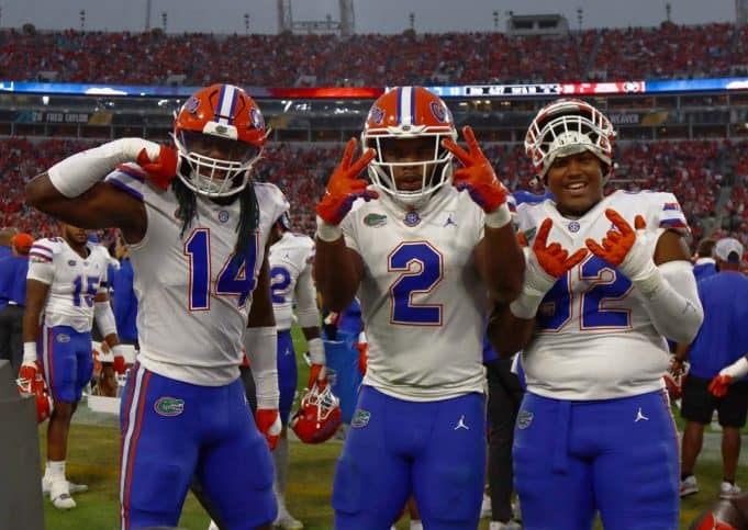 Florida linebacker Amari Burney #2 celebrates his interception with teammates during the second half of the Gators' loss to the Bulldogs on October 29th, 2022 at TIAA Bank Stadium in Jacksonville, Florida. (Gator Country//Sammy Harrison)- 1280x908