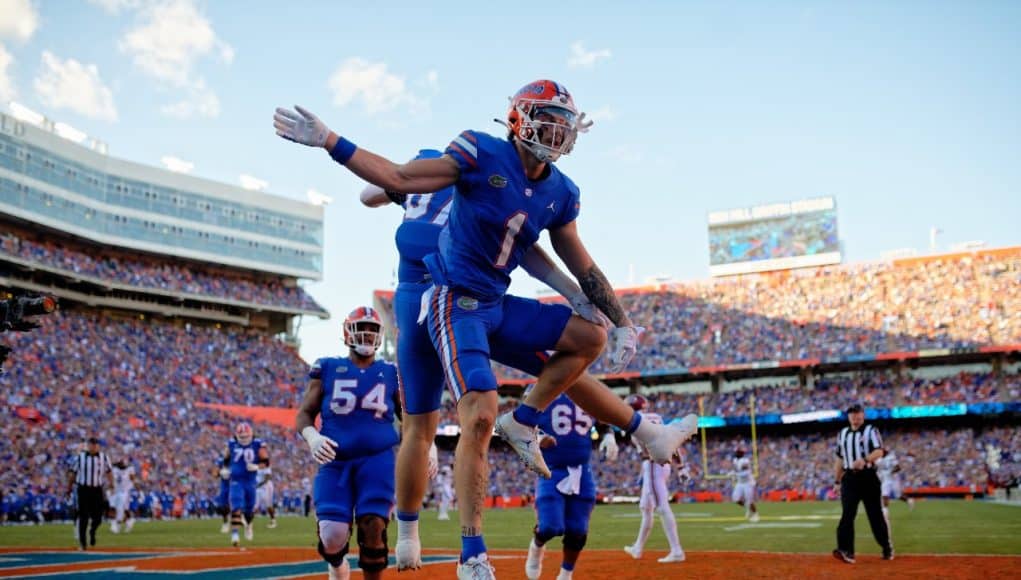 Florida Gators receiver Ricky Pearsall and Jonathan Odom celebrate a touchdown- 1280x853