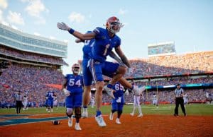 Florida Gators receiver Ricky Pearsall and Jonathan Odom celebrate a touchdown- 1280x853