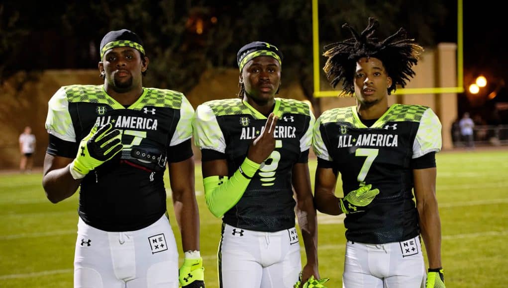 Florida Gators Football signees Kelby Collins, Ja'keem Jackson and Sharif Denson during the first day of practice for the 2023 Under Armour All-America game- 1280x853