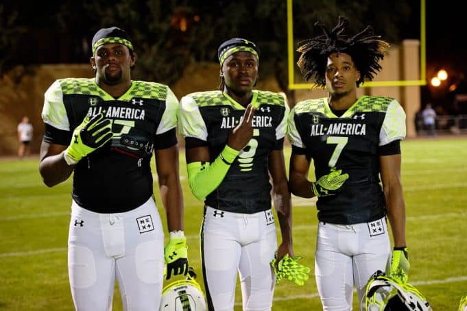 Florida Gators Football signees Kelby Collins, Ja'keem Jackson and Sharif Denson during the first day of practice for the 2023 Under Armour All-America game- 1280x853