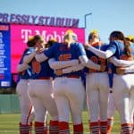 The 2023 Florida Gators softball huddles before taking on Bowling Green- 1280x853