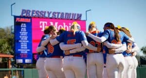 The 2023 Florida Gators softball huddles before taking on Bowling Green- 1280x853