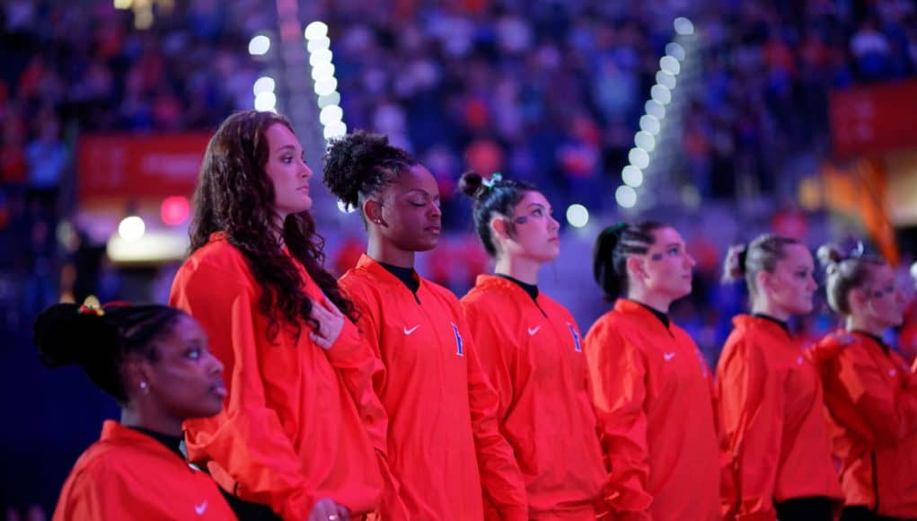 Florida Gators gymnast Trinity Thomas during team introductions as the #3 Florida Gators gymnastics hosted the Kentucky Wildcats on Senior Night- 1280x853