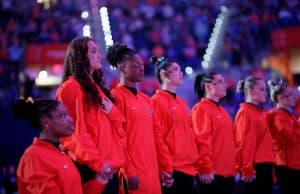 Florida Gators gymnast Trinity Thomas during team introductions as the #3 Florida Gators gymnastics hosted the Kentucky Wildcats on Senior Night- 1280x853