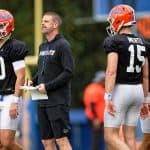 Florida Gators head coach Billy Napier with the quarterbacks during spring practice- 1280x853