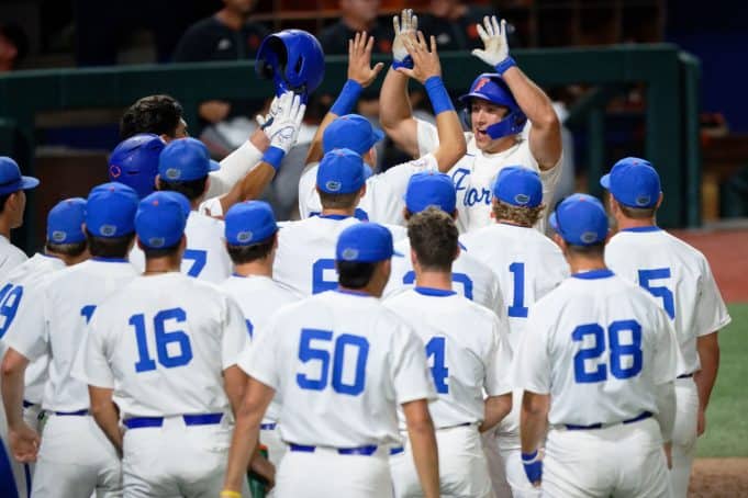 Florida Gators outfielder Wyatt Langford hits a home run against Miami- 1280x853