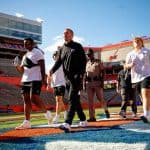 Florida Gators football head coach Billy Napier and the Gators walk into Ben Hill Griffin Stadium as they get ready for the 2023 Orange and Blue Game- 1280x853