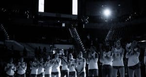 Florida Gators volleyball knocks FSU in five sets on Tuesday Florida Gators volleyball during introductions- 1280x1024