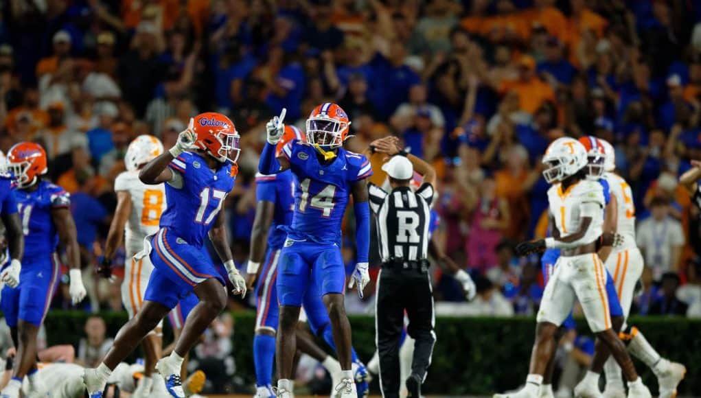 Florida Gators safety Jordan Castell and linebacker Scooby Williams celebrate a tackle against Tennessee- 1280x853