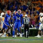 Florida Gators safety Jordan Castell and linebacker Scooby Williams celebrate a tackle against Tennessee- 1280x853