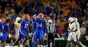 Florida Gators safety Jordan Castell and linebacker Scooby Williams celebrate a tackle against Tennessee- 1280x853