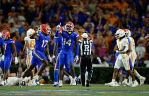 Florida Gators safety Jordan Castell and linebacker Scooby Williams celebrate a tackle against Tennessee- 1280x853