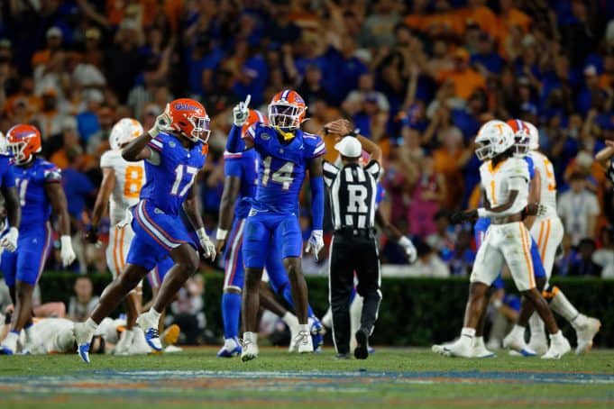 Florida Gators safety Jordan Castell and linebacker Scooby Williams celebrate a tackle against Tennessee- 1280x853