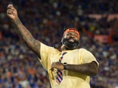 Brandon Spikes performs as Mr. Two Bits as the Florida Gators take the field to host the #5 Florida State Seminoles- 1280x853