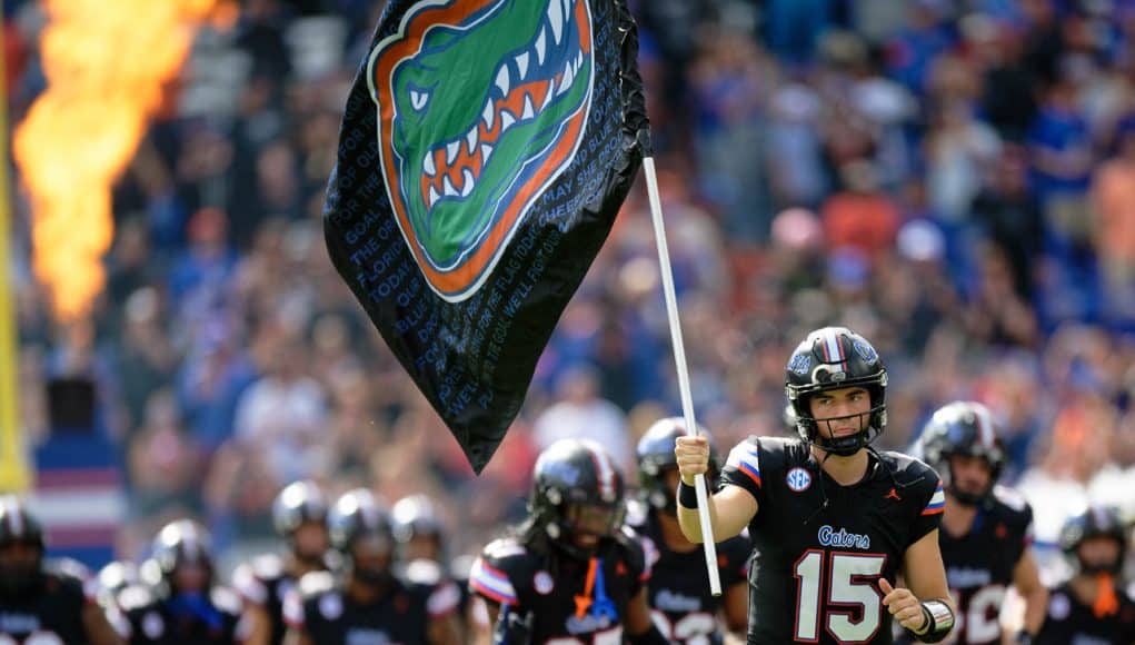 Florida Gators quarterback Graham Mertz leads the team out of the tunnel before the Arkansas game- 1280x853