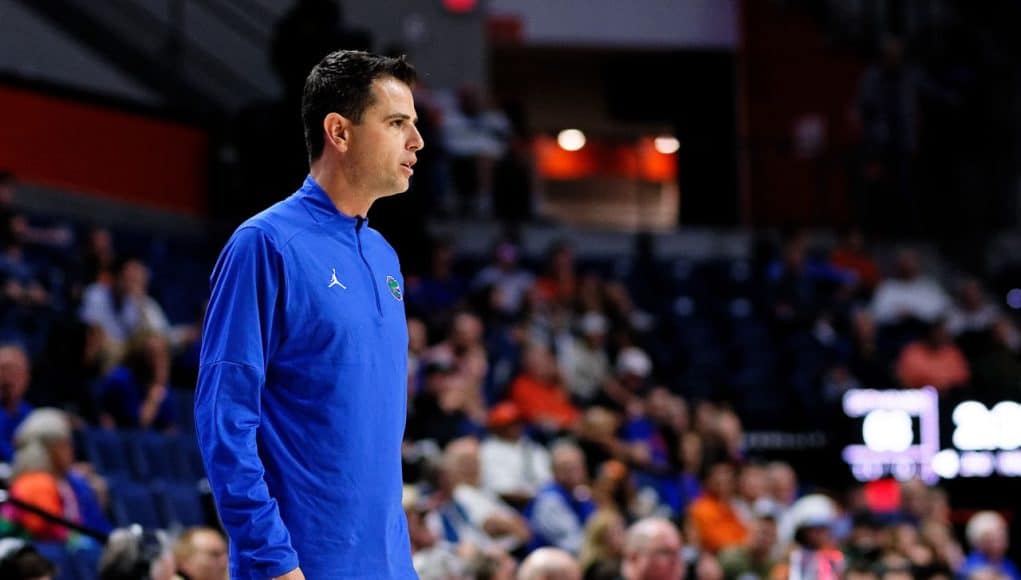 Florida Gators head coach Todd Golden during the second half as the Florida Gators mens basketball team hosts the Loyola Greyhounds at Exactech Arena in Gainesville, Florida- 1280x853