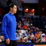 Florida Gators head coach Todd Golden during the second half as the Florida Gators mens basketball team hosts the Loyola Greyhounds at Exactech Arena in Gainesville, Florida- 1280x853