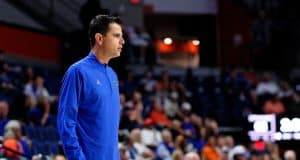 Florida Gators head coach Todd Golden during the second half as the Florida Gators mens basketball team hosts the Loyola Greyhounds at Exactech Arena in Gainesville, Florida- 1280x853