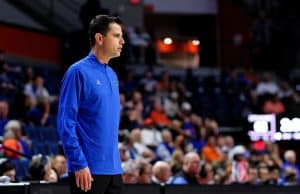 Florida Gators head coach Todd Golden during the second half as the Florida Gators mens basketball team hosts the Loyola Greyhounds at Exactech Arena in Gainesville, Florida- 1280x853