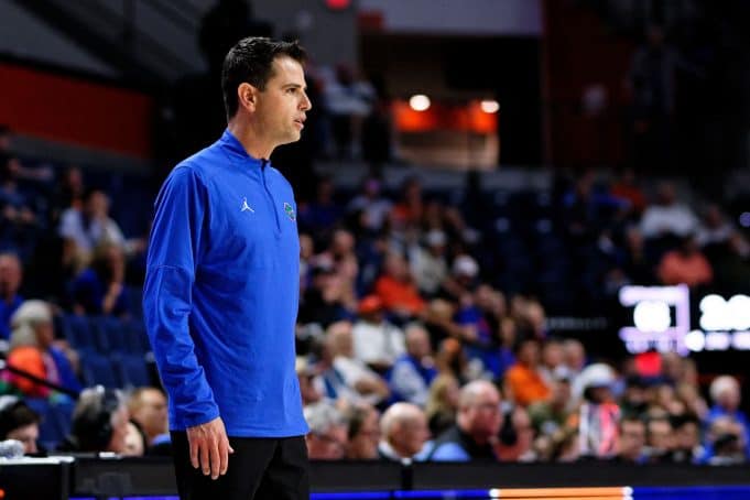 Florida Gators head coach Todd Golden during the second half as the Florida Gators mens basketball team hosts the Loyola Greyhounds at Exactech Arena in Gainesville, Florida- 1280x853