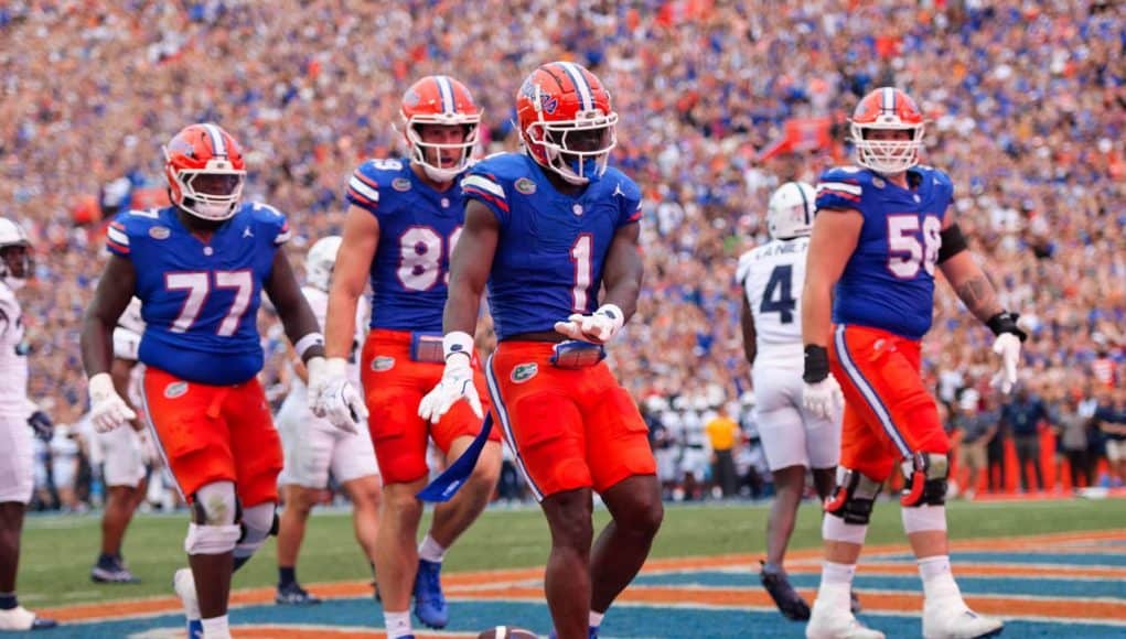 Florida Gators RB Montrell Johnson celebrates against Samford.- 1280x853