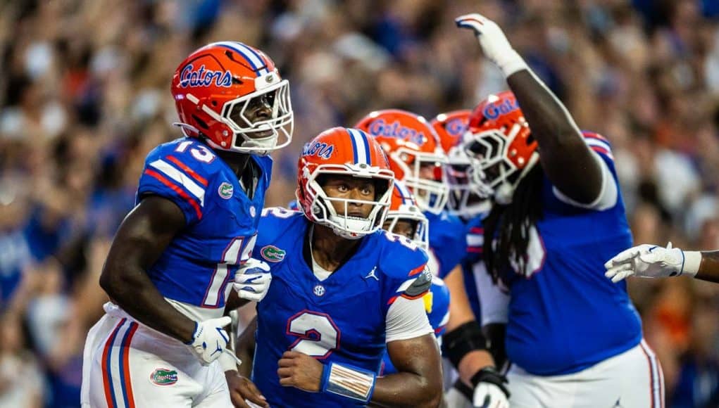 Florida Gators QB DJ Lagway and his teammates celebrate a touchdown against LIU Florida Gators QB DJ Lagway and his teammates celebrate a touchdown against LIU- 1280x853