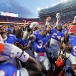 The Florida Gators celebrate the win over Texas after the game- 1280x853