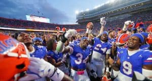 The Florida Gators celebrate the win over Texas after the game- 1280x853